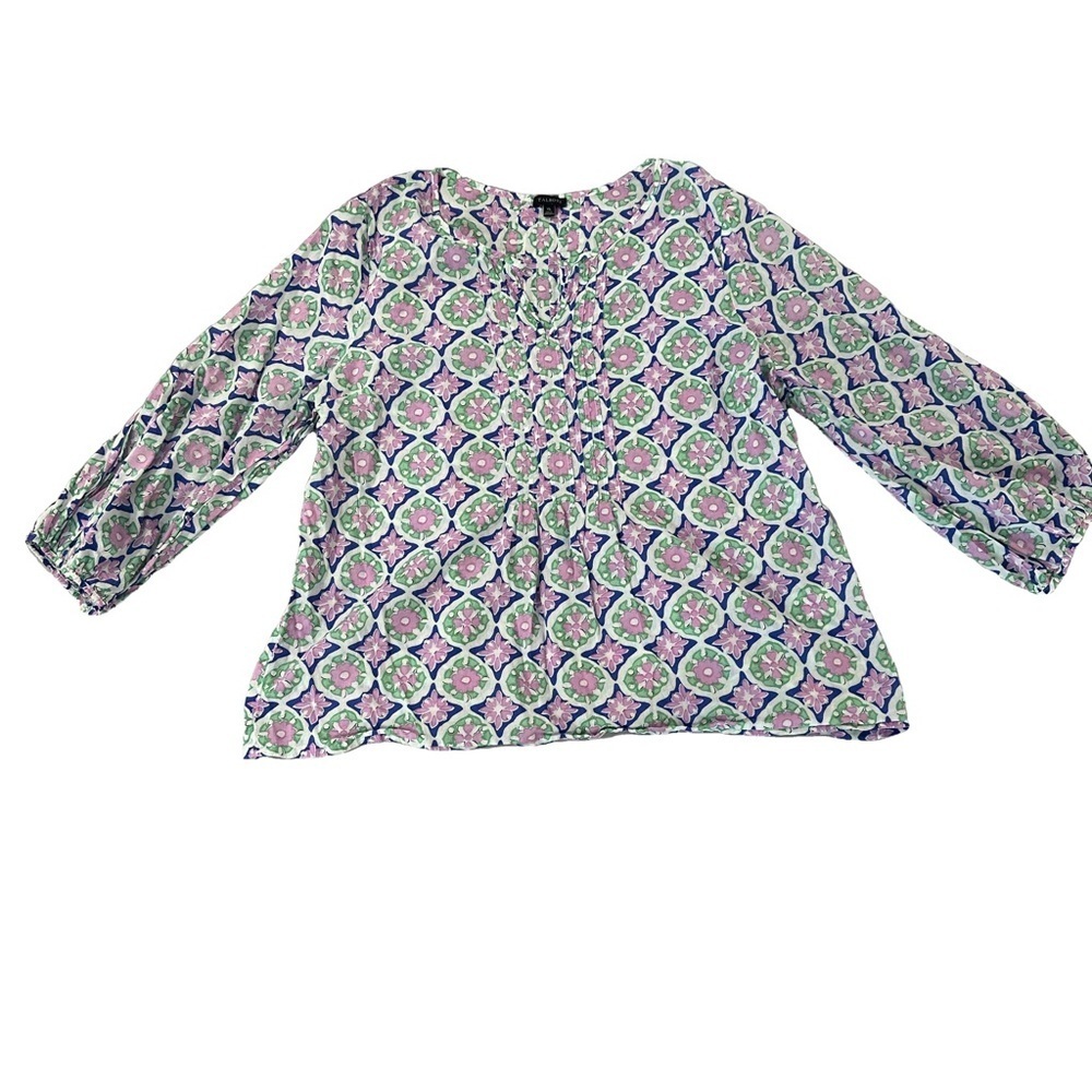Talbots White Pink Puff Sleeve Mandarin Collar Blouse